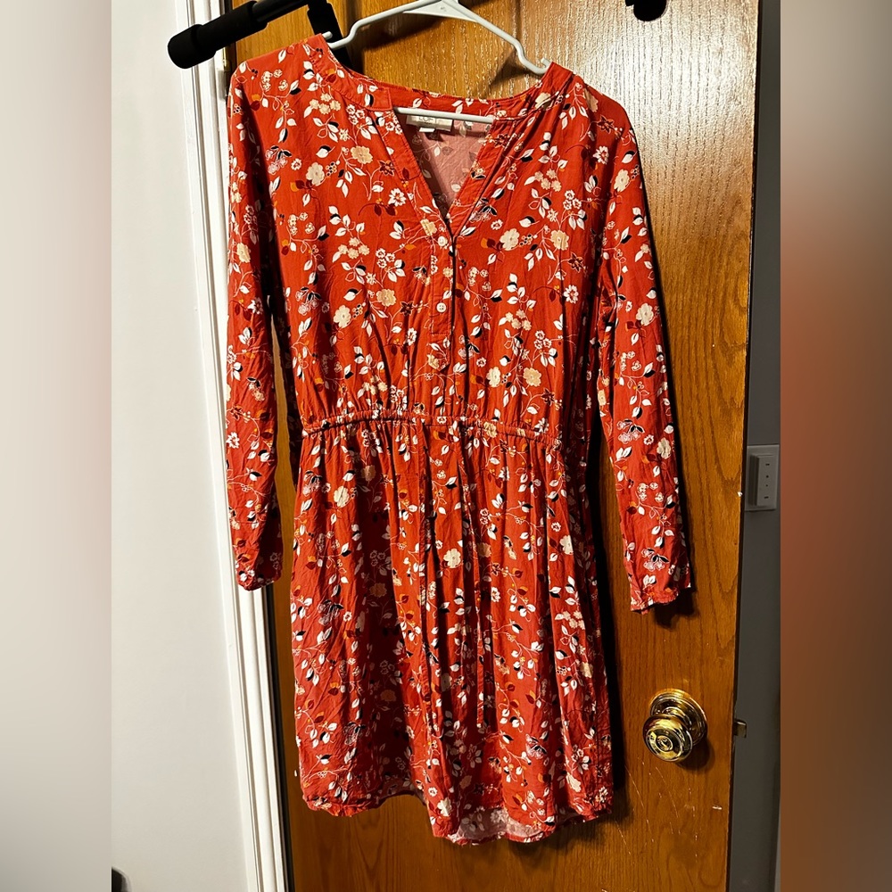 LOFT Coral Floral Dress with Cinched Waistline
